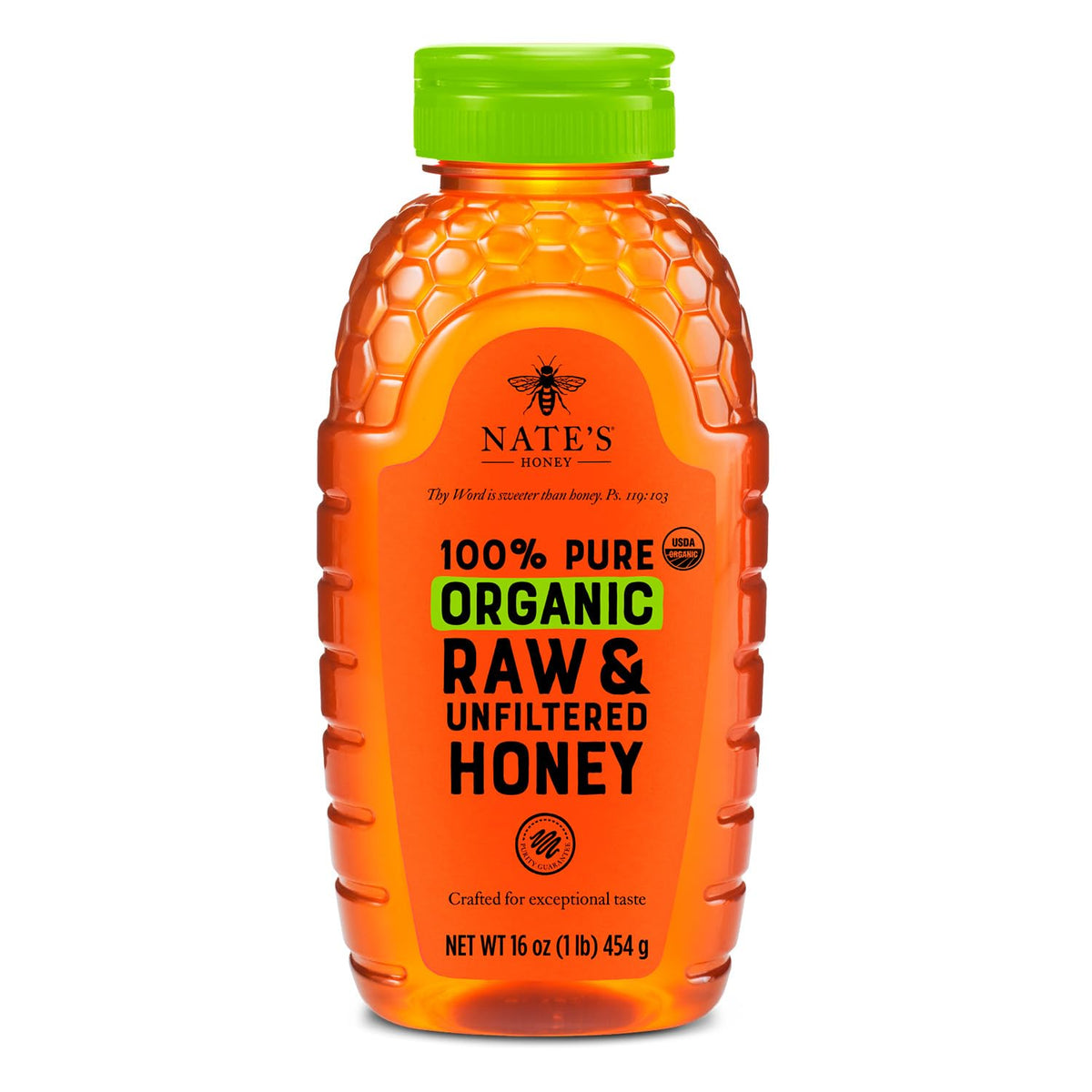 Nature Nate's honey bottle close-up shows organic quality and raw purity for tea sweetness.