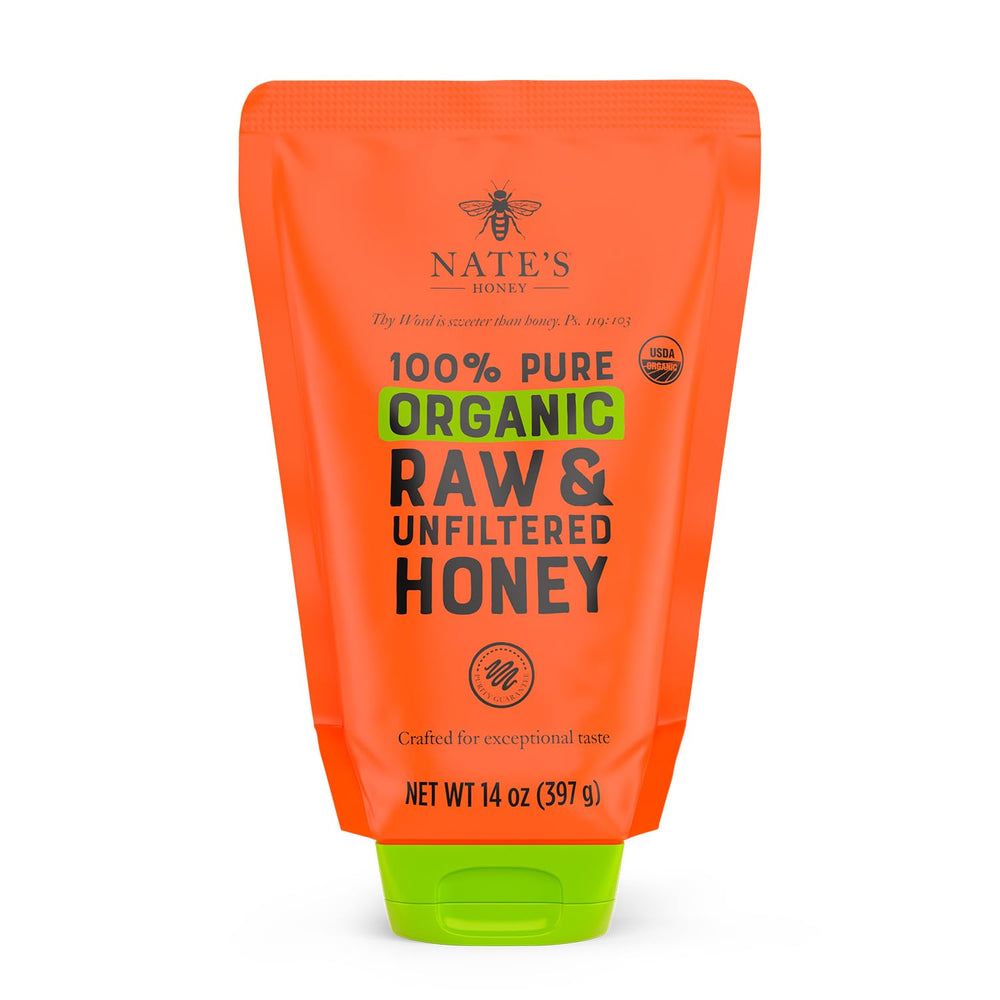 Nate's Honey organic no-drip squeeze pouch ready for mess-free sweetening