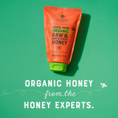Nate's Honey organic raw unfiltered close-up highlighting natural pollen and purity.