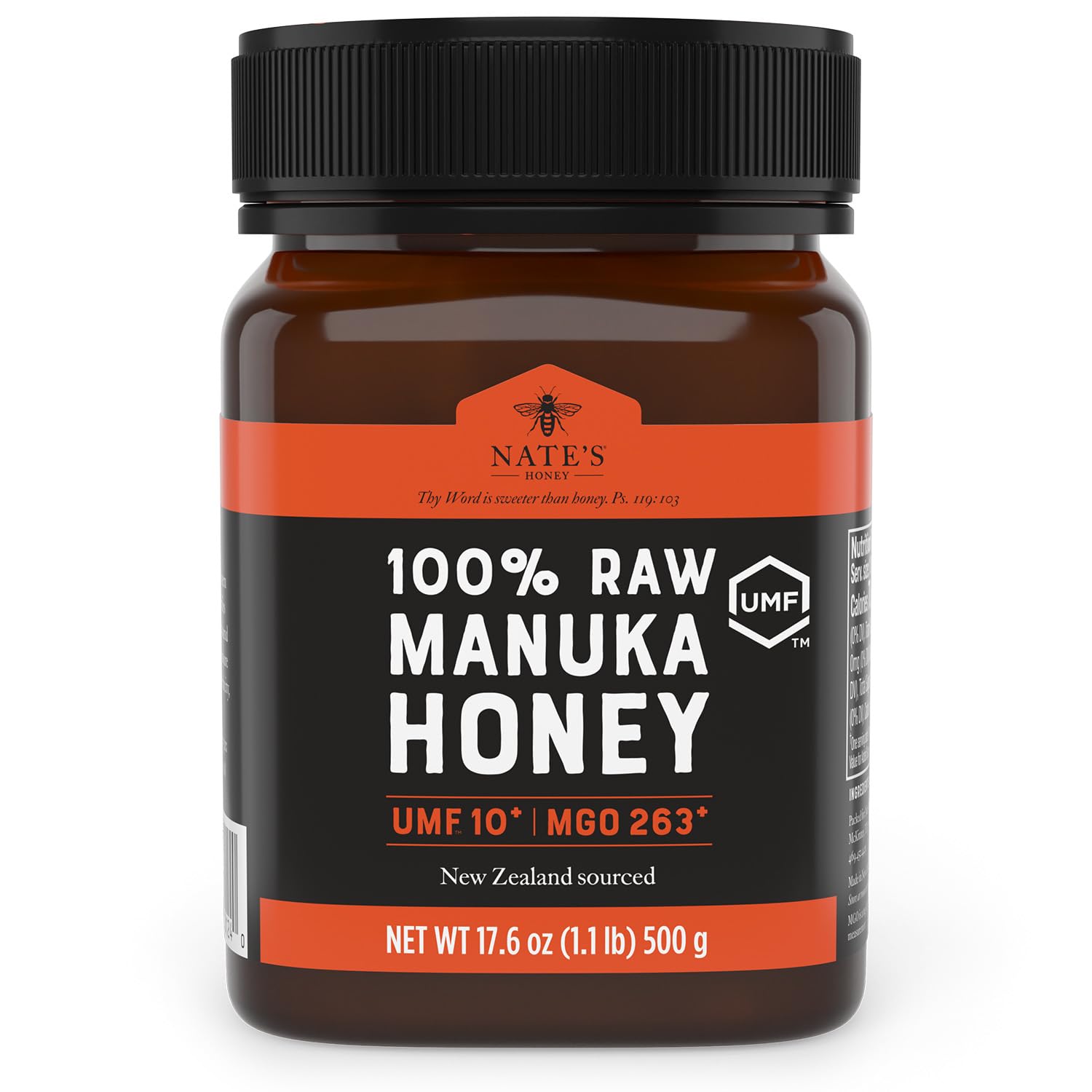 Nate's Honey raw Manuka bottle front view showing rich color for daily use.