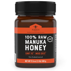 Nate's Honey raw Manuka bottle front view showing rich color for daily use.