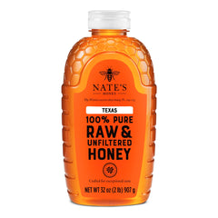 Nate's Honey Texas raw unfiltered bottle front shows golden amber sweetness for everyday use