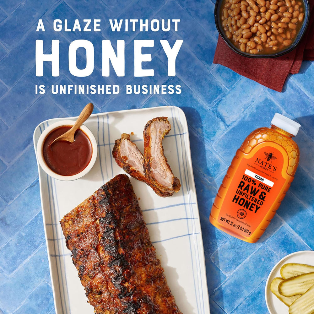 Nate's Honey Texas raw unfiltered bottle pouring into tea demonstrates flavor