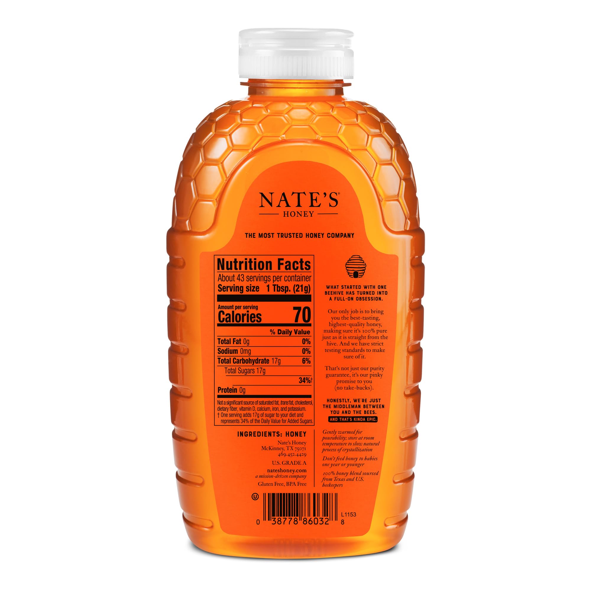 Nate's Honey Texas raw unfiltered bottle pour highlights convenient squeeze for beverages