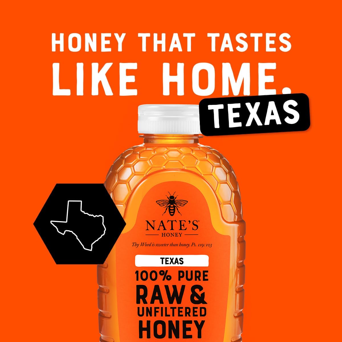 Nate's Honey Texas raw unfiltered jar close-up reveals pollen specks for natural flavor