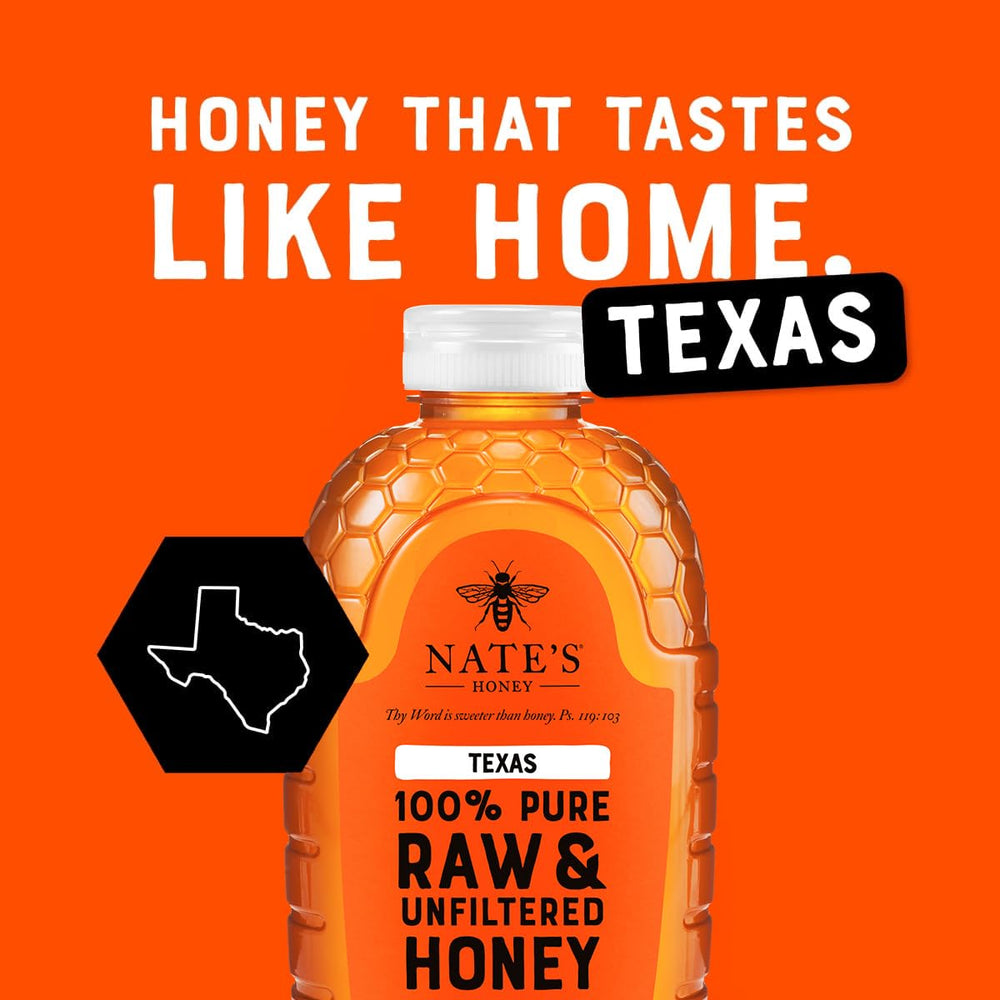 Nate's Honey Texas raw unfiltered jar close-up reveals pollen specks for natural flavor