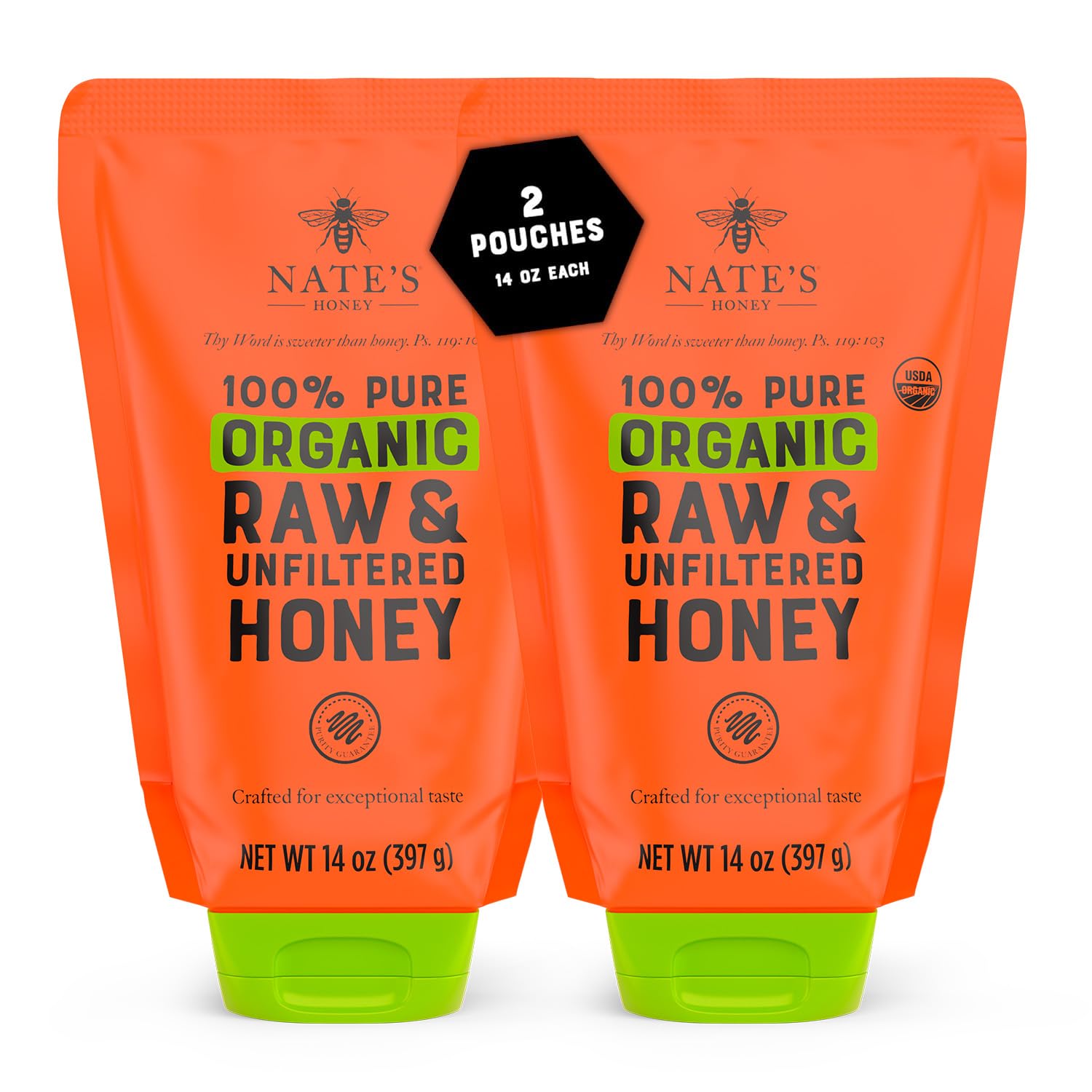 Nate's Honey two-pack standup pouches showing sustainability and easy storage benefits.