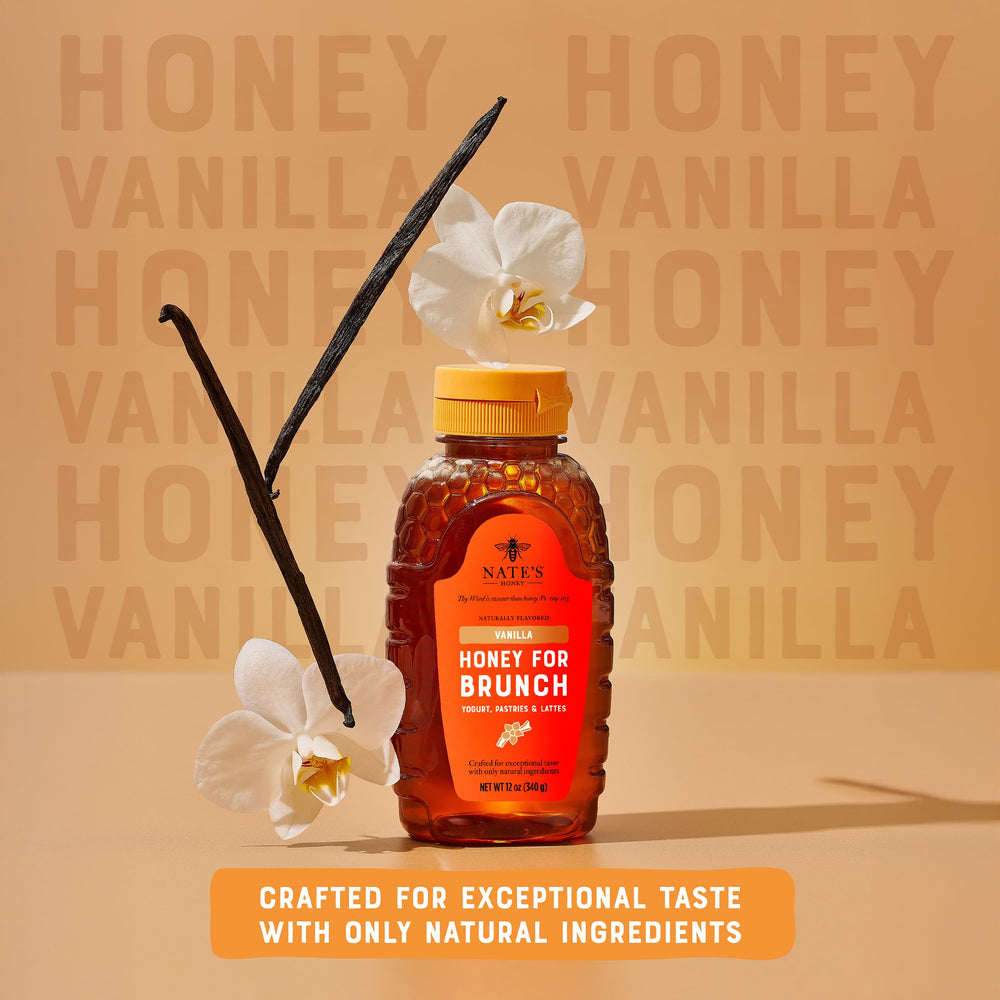 Pancakes topped with Nate's Vanilla Honey drizzle for a flavorful brunch boost.
