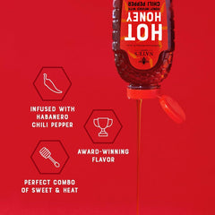 Nate's Hot Honey label closeup highlighting purity and award-winning flavor.