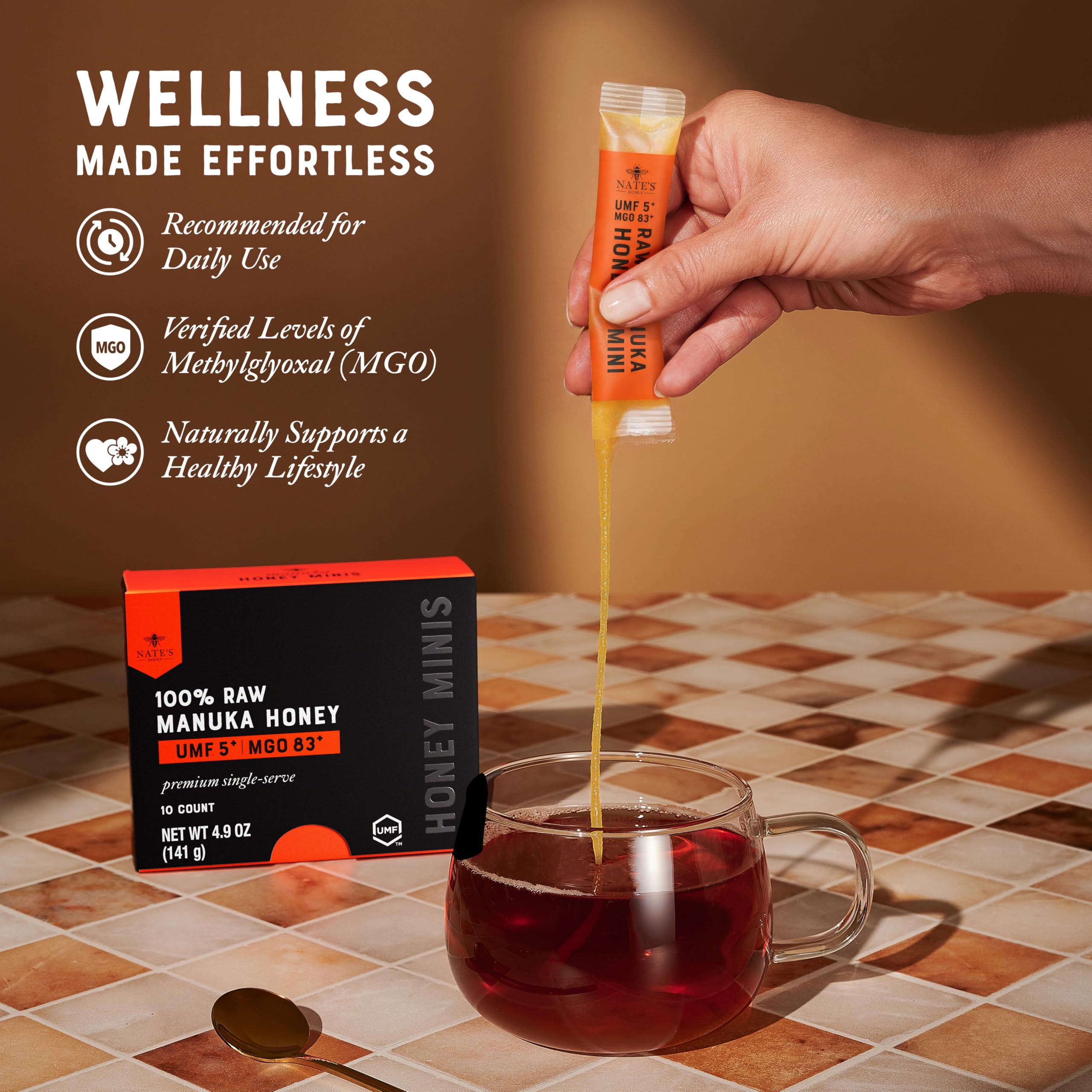 Nate's Manuka Honey Minis daily-wellness packs pair with tea or breakfast.