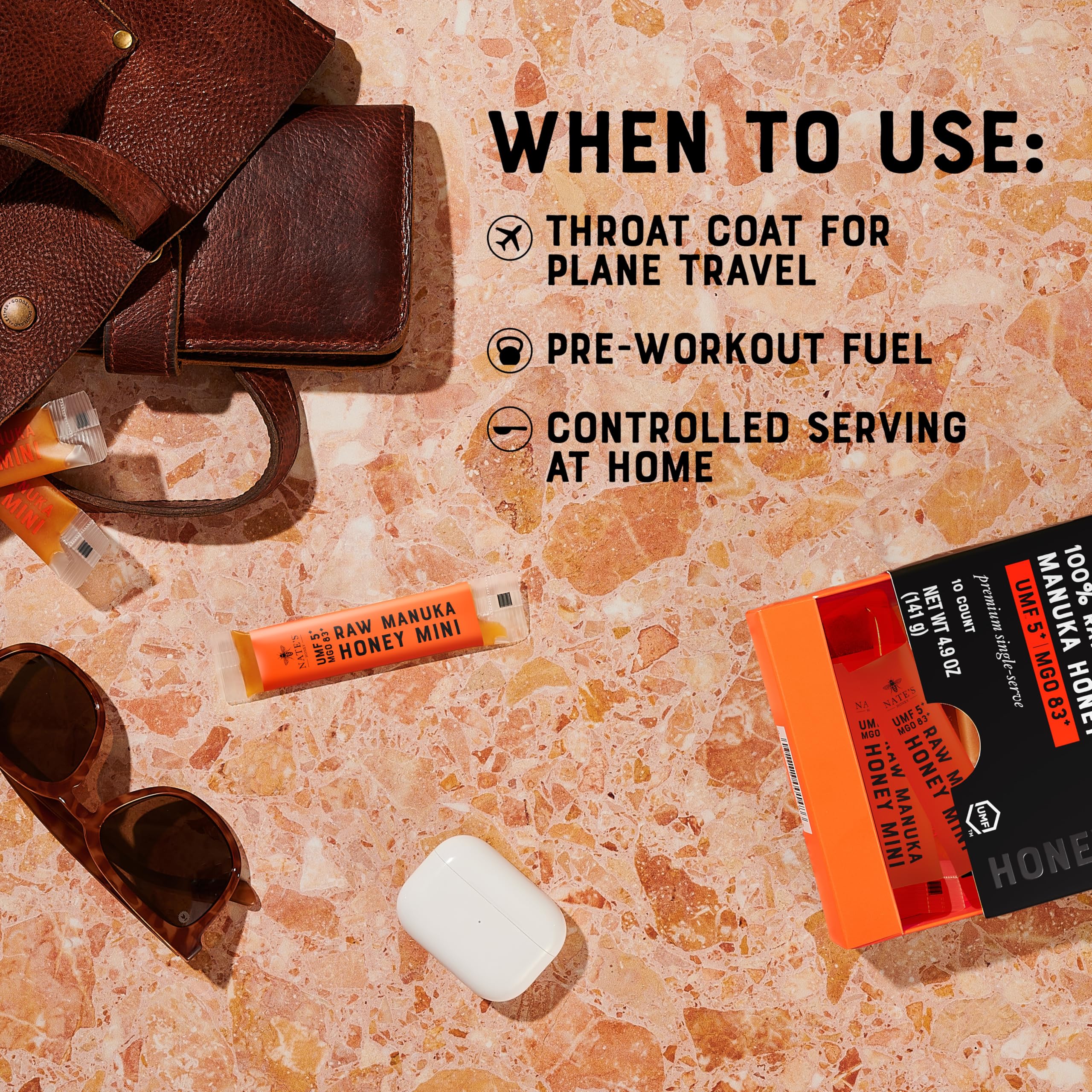 Nate's Manuka Honey Minis MGO-83 packets show trusted potency for everyday use.