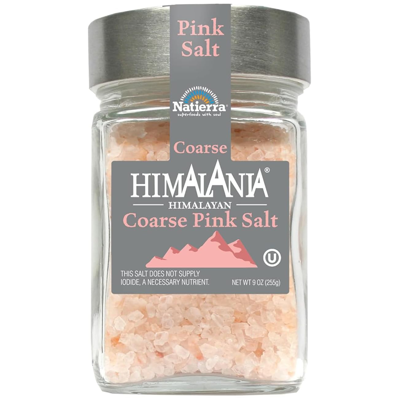 Natierra Himalania pink salt in glass jar for easy finishing and flavor enhancement.