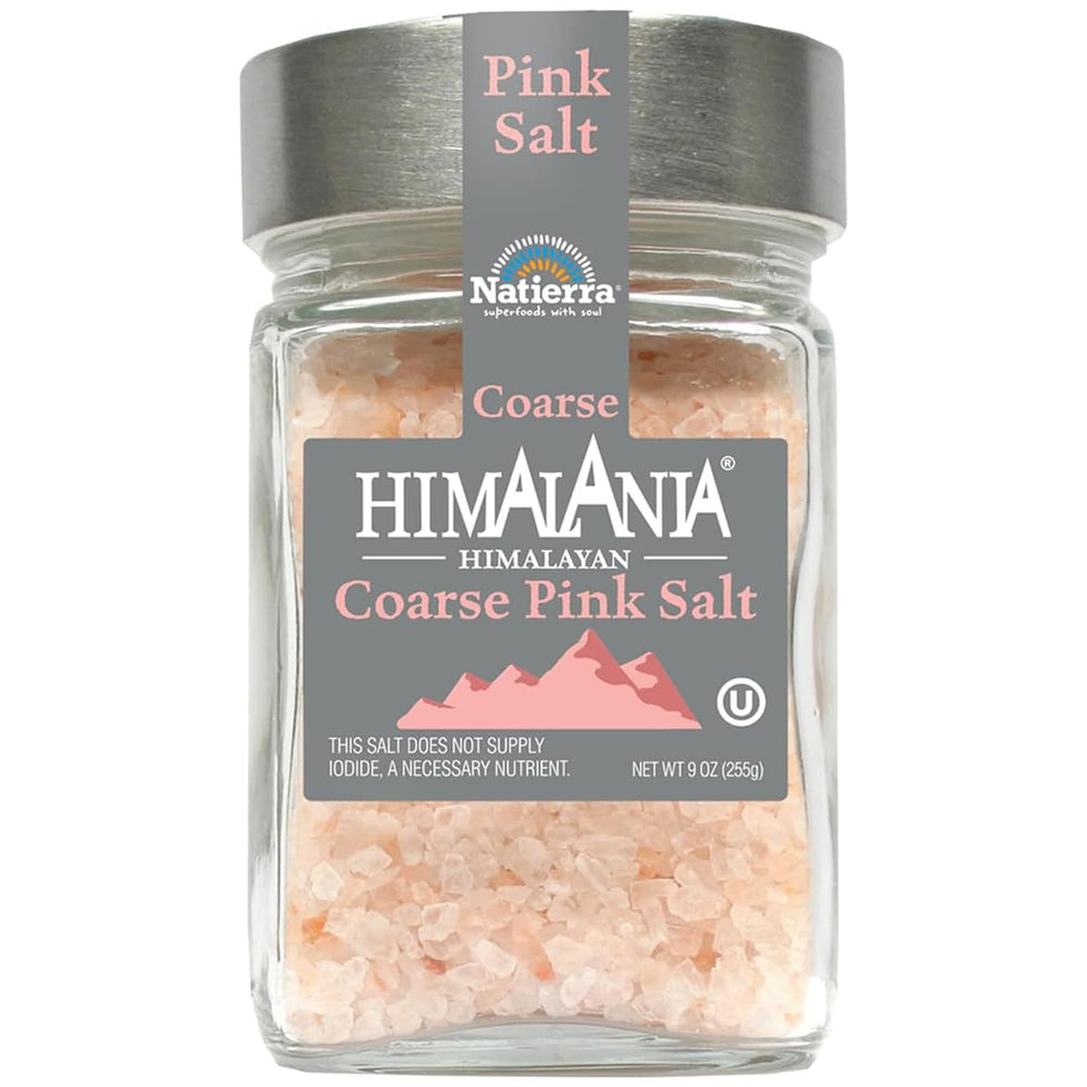 Natierra Himalania pink salt in glass jar for easy finishing and flavor enhancement.