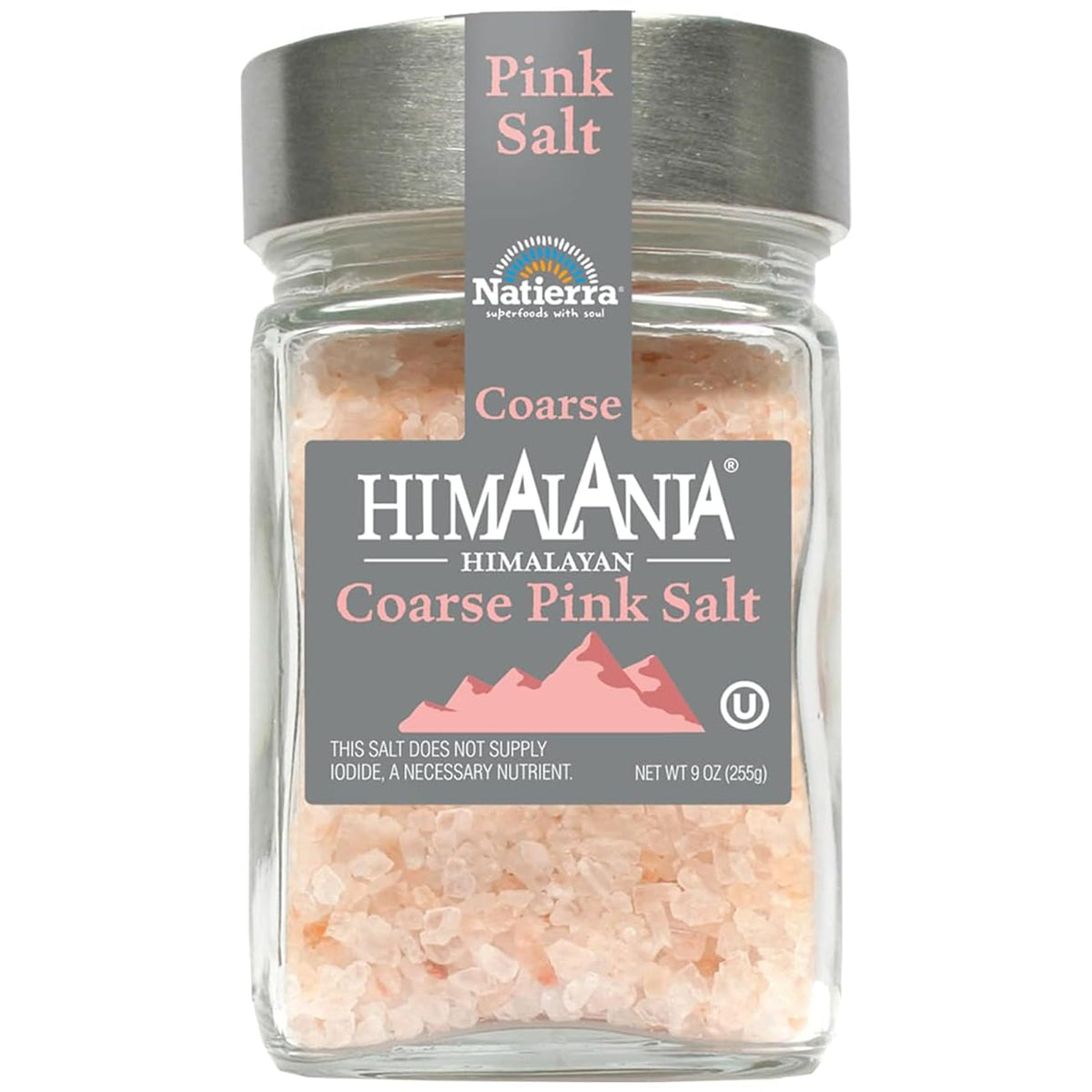 Natierra Himalania pink salt in glass jar for easy finishing and flavor enhancement.