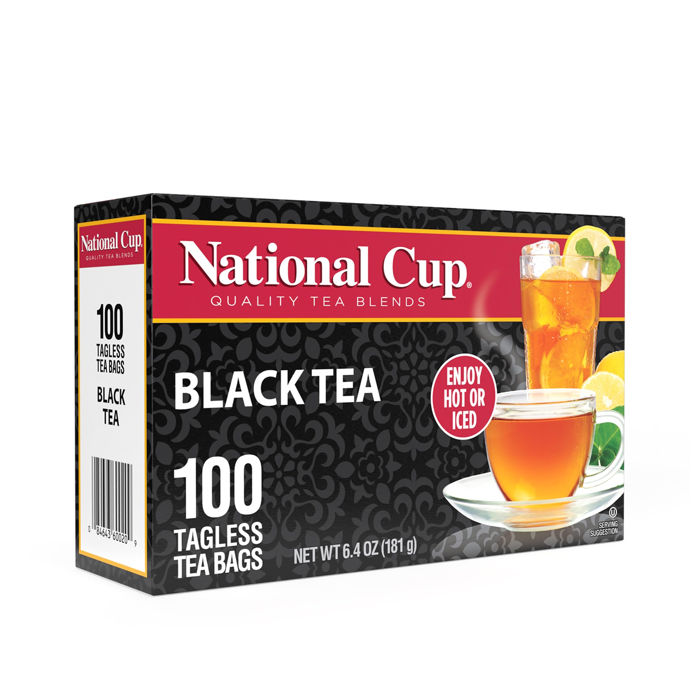 National Cup Black Tea display showing 3-pack and convenient tagless bags