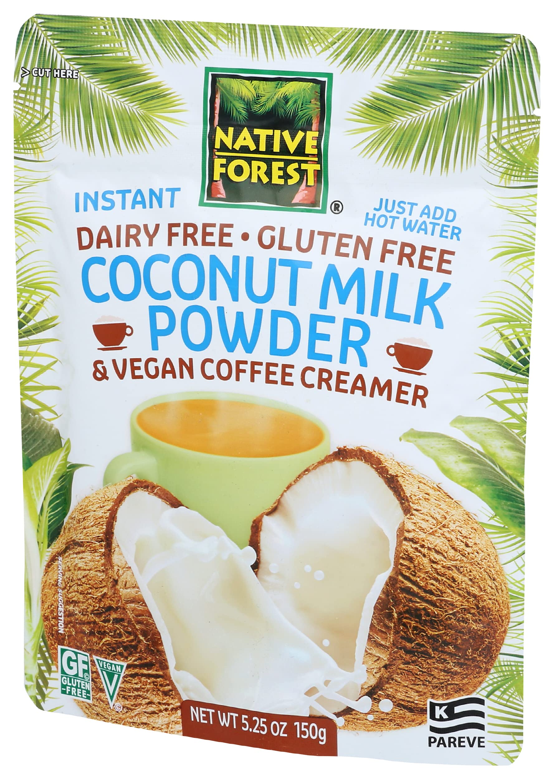 Native Forest coconut milk powder label highlights organic farming and non-GMO commitment.
