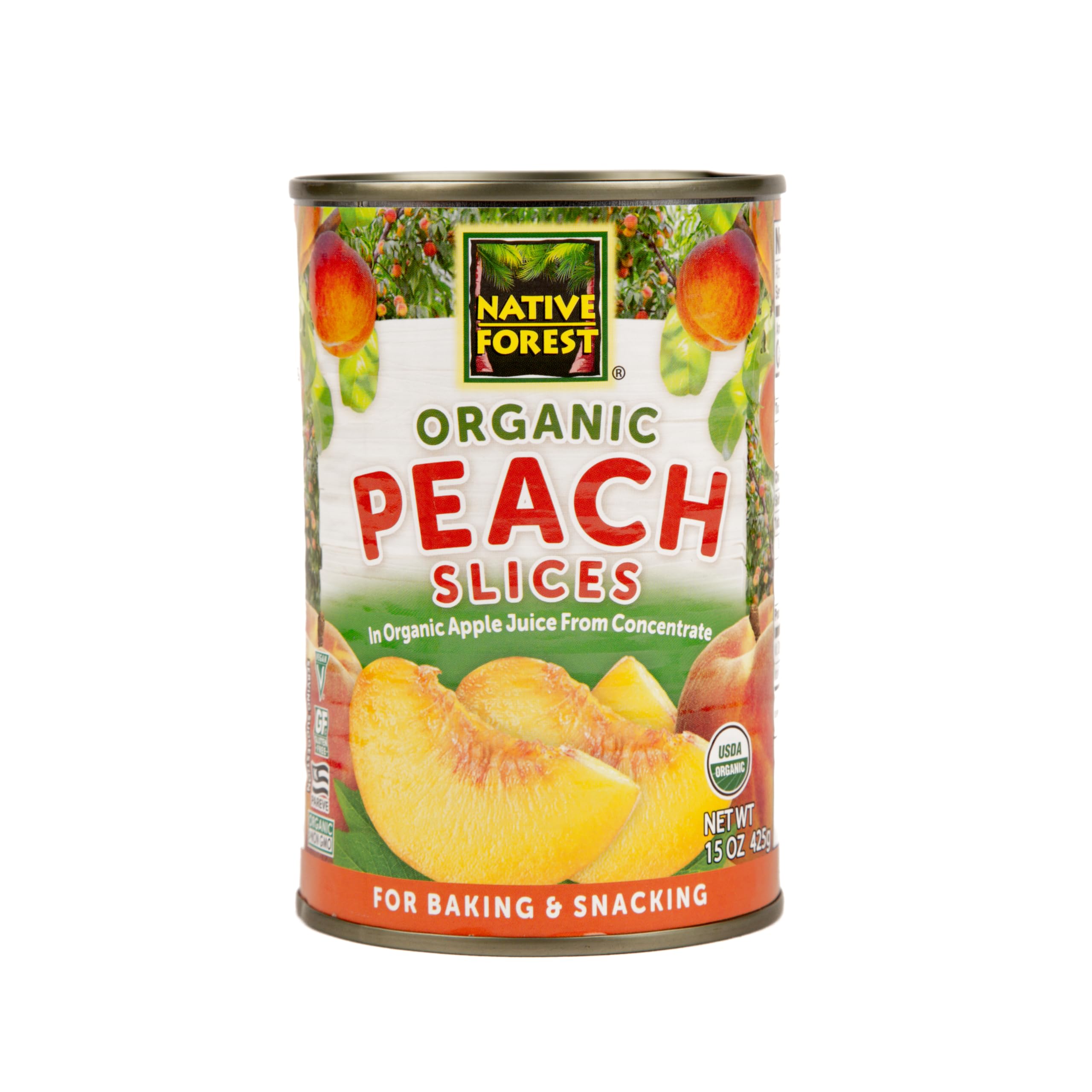 Native Forest Organic Sliced Peaches in light syrup ready to top yogurt or desserts.