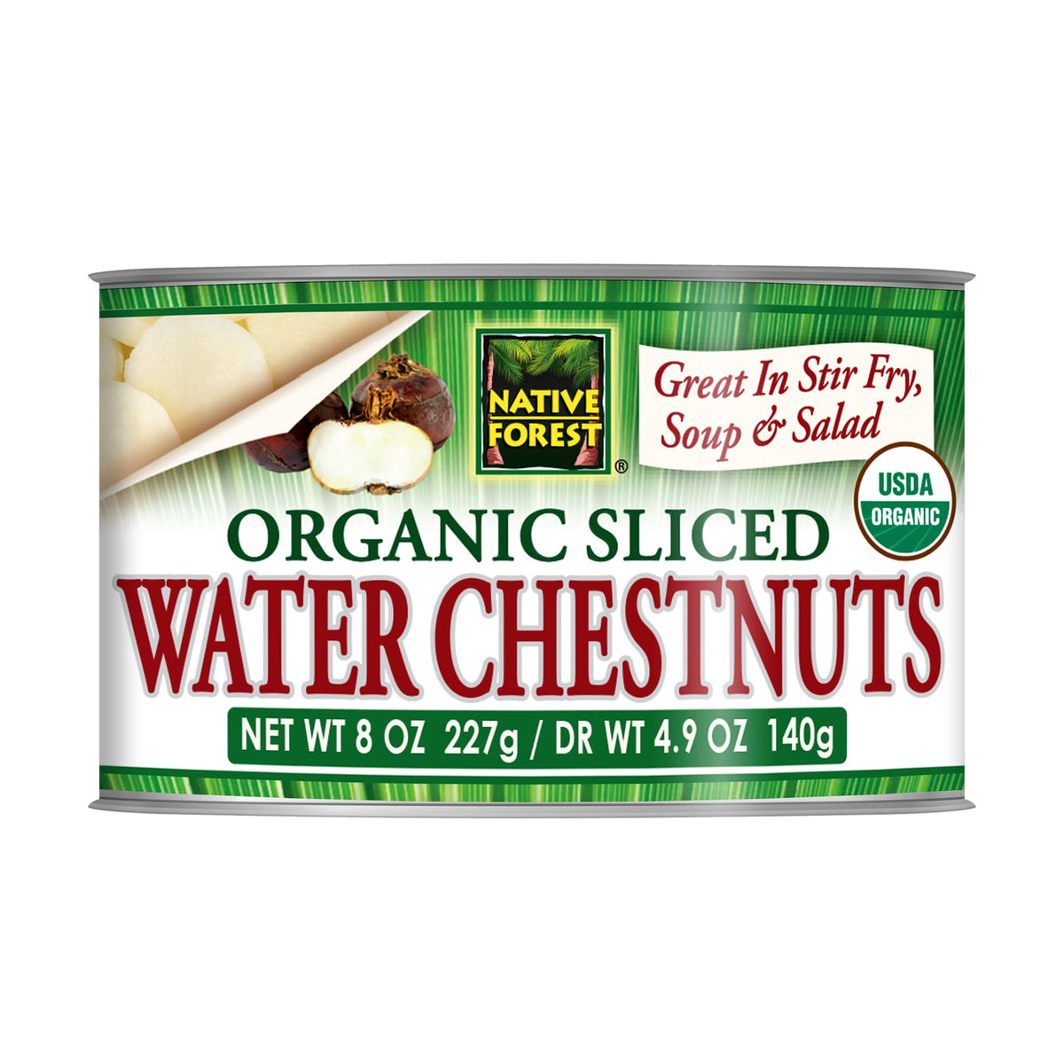 Native Forest Organic Sliced Water Chestnuts in a can front, crisp and ready to use.