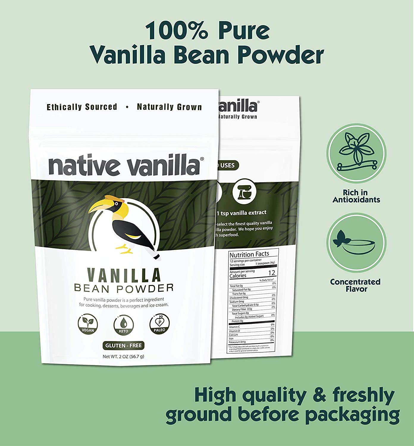 Native Vanilla fine-ground vanilla powder highlights easy substitution for extracts in recipes.