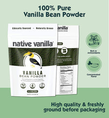 Native Vanilla fine-ground vanilla powder highlights easy substitution for extracts in recipes.