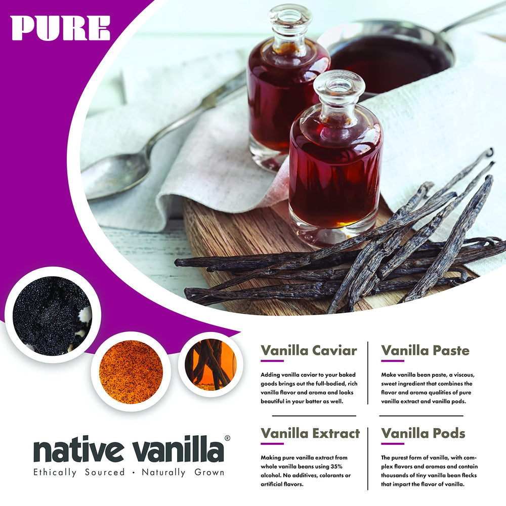Native Vanilla Grade B beans close-up showing long 4-6 inch pods with rich caramel notes.