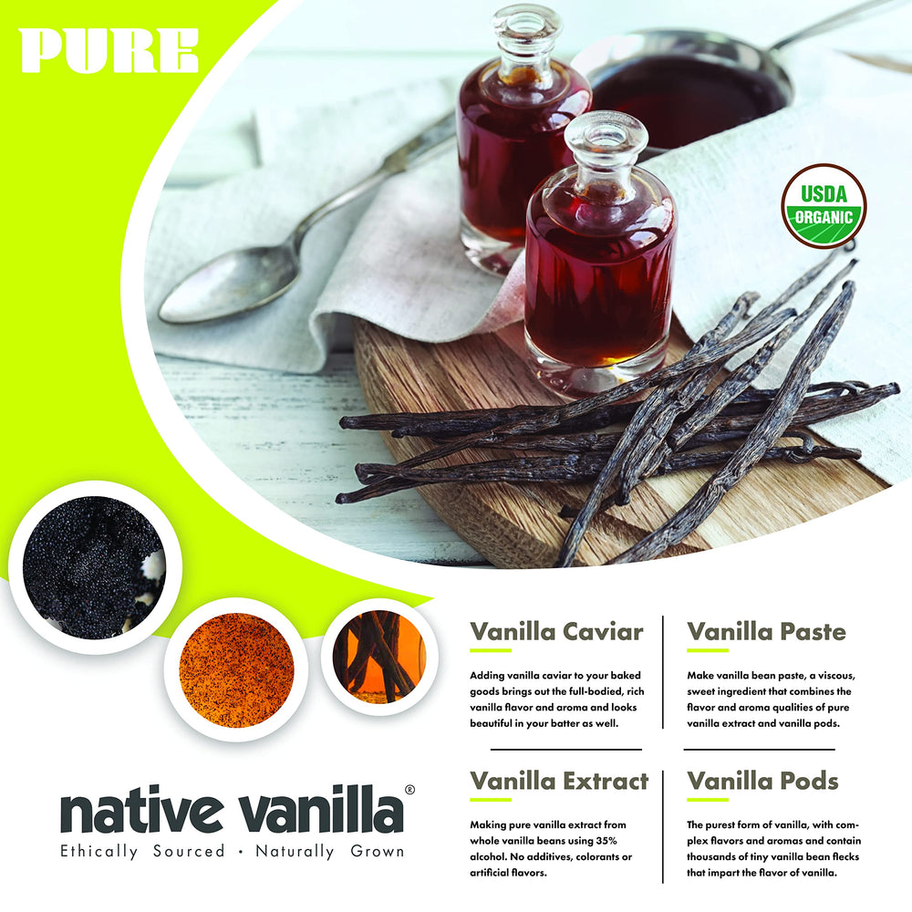 Native Vanilla long 4-6 inch beans with moist texture signaling high quality.