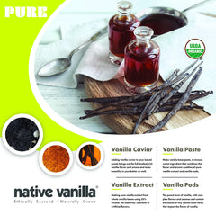 Native Vanilla long, plump vanilla beans stored in a glass jar