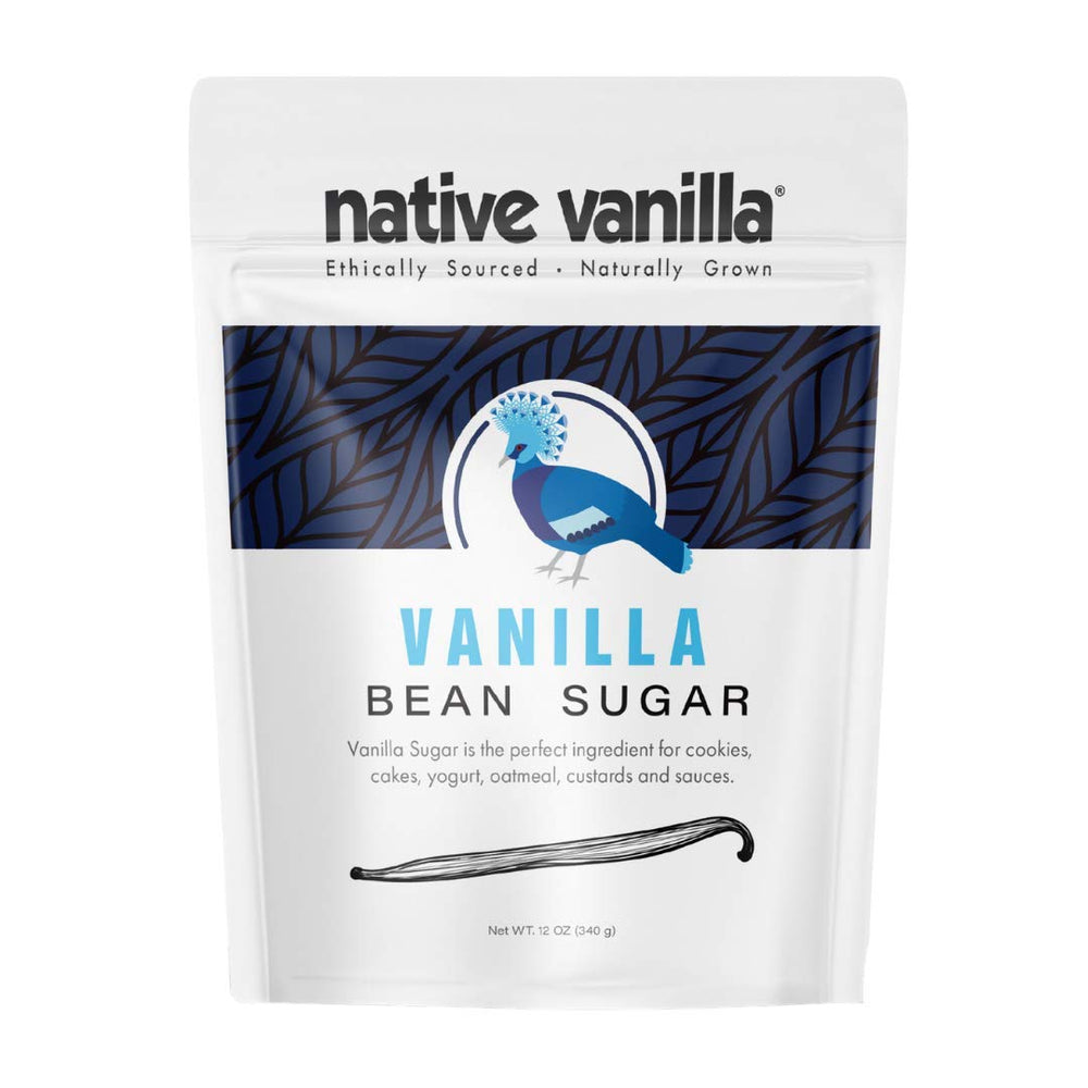 Native Vanilla Organic Vanilla Bean Sugar in a jar for rich baking flavor.