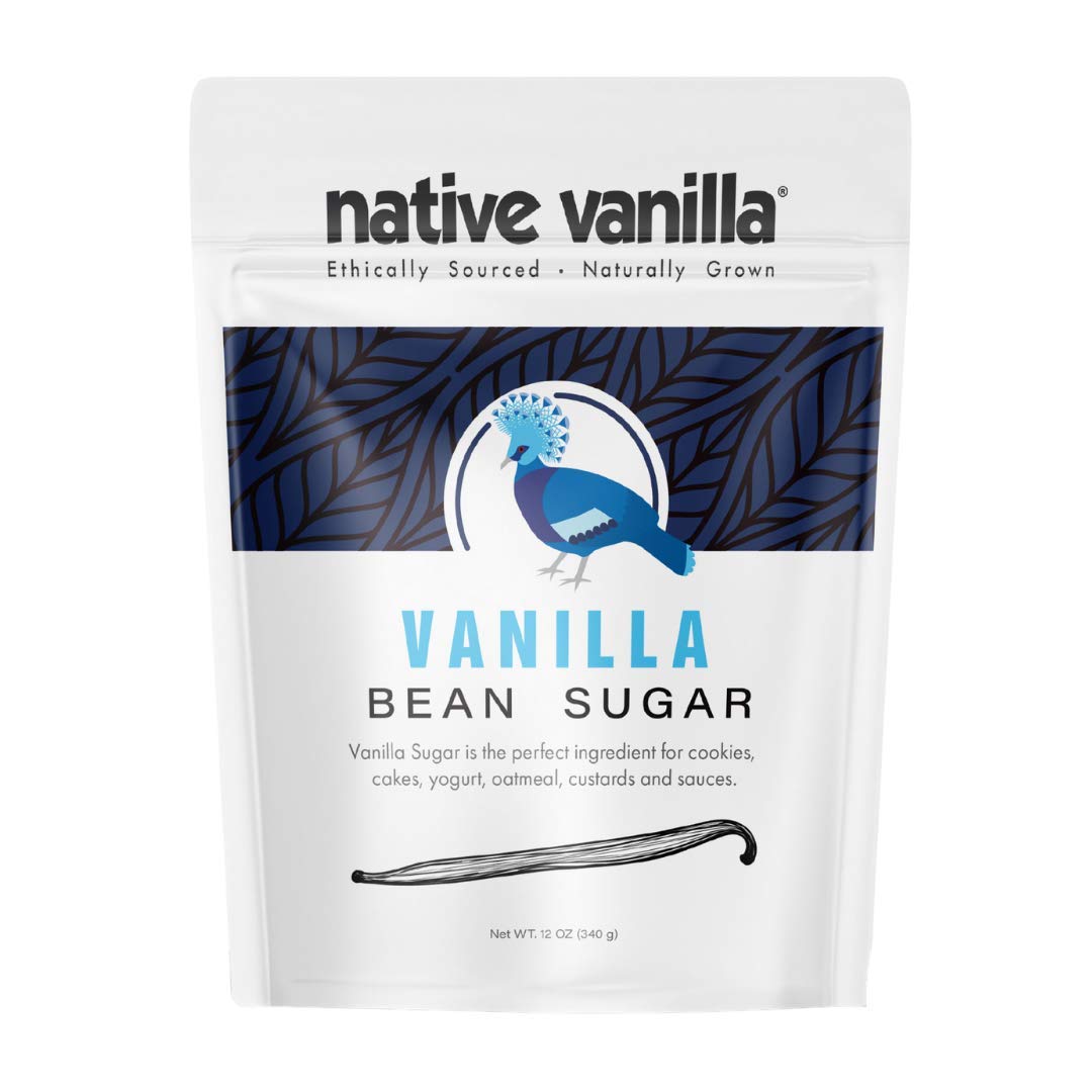 Native Vanilla Organic Vanilla Bean Sugar in a jar for rich baking flavor.