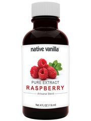 Native Vanilla raspberry extract bottle shown for versatile dessert flavoring.
