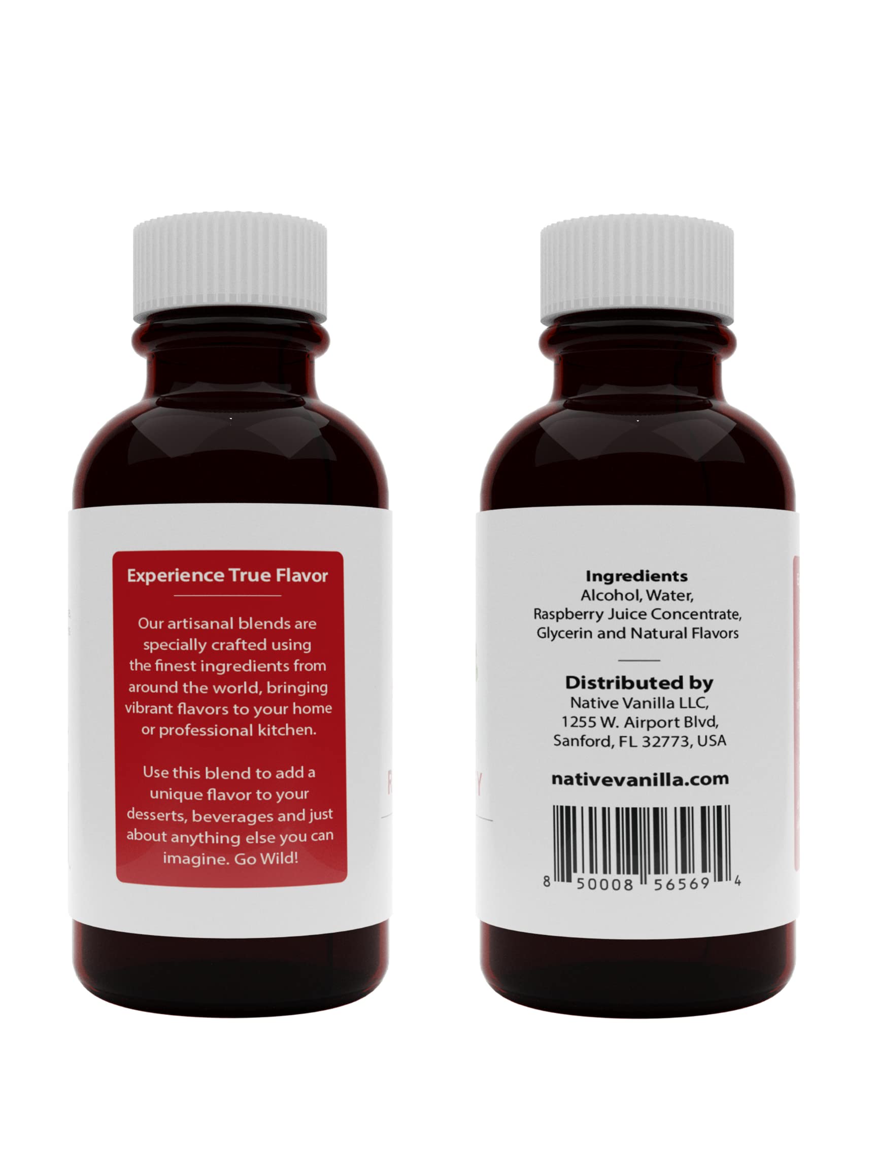 Close-up of Native Vanilla raspberry extract label for authentic taste.
