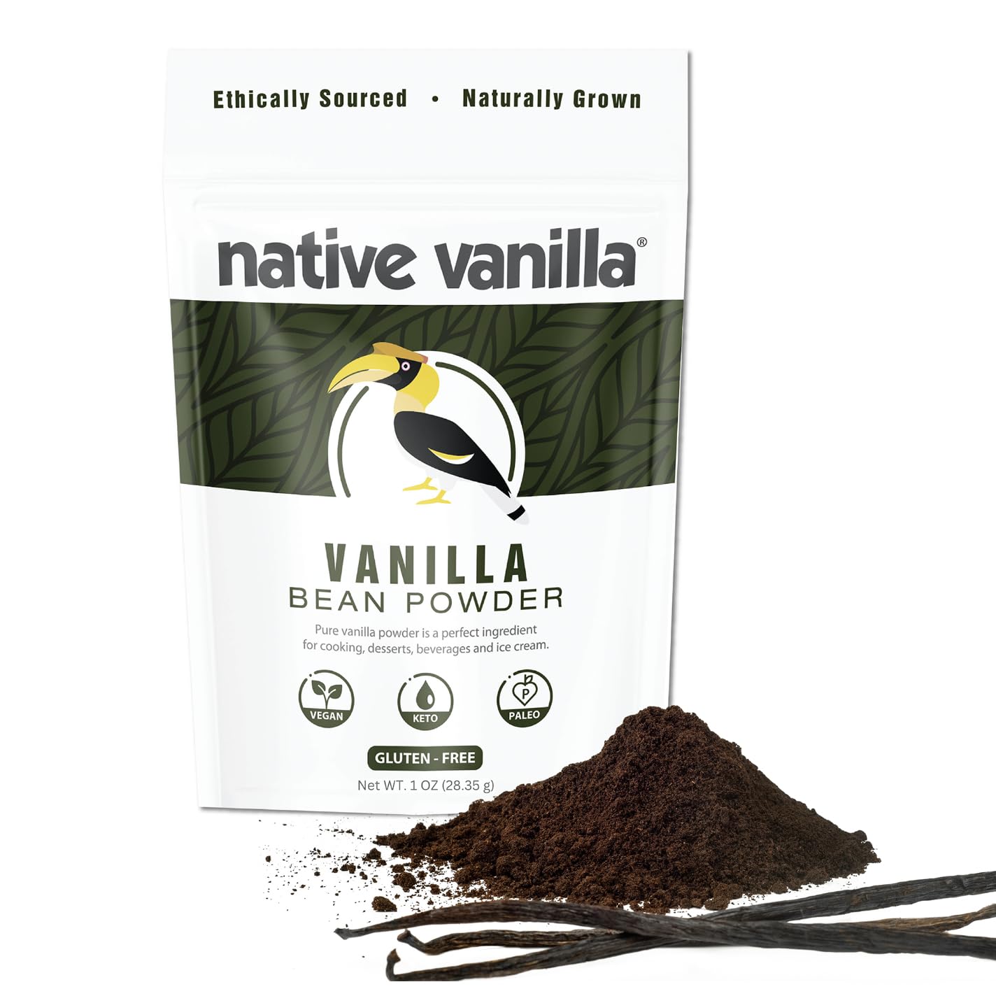 Native Vanilla Vanilla Bean Powder packaging showcases premium aroma for baking.