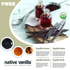 Native Vanilla packaging displaying sustainably sourced vanilla beans