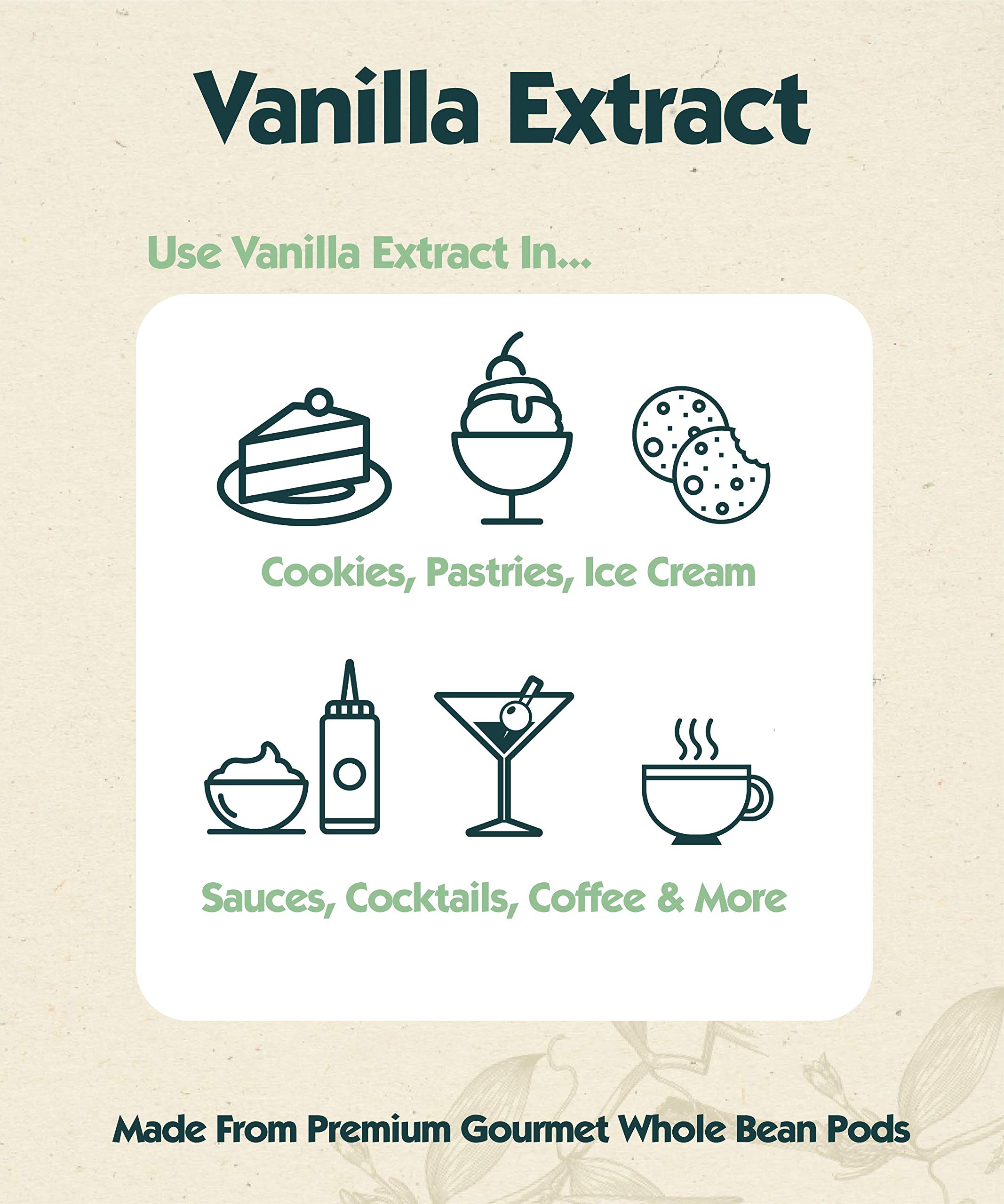 Vanilla extract drop shown over recipe card.