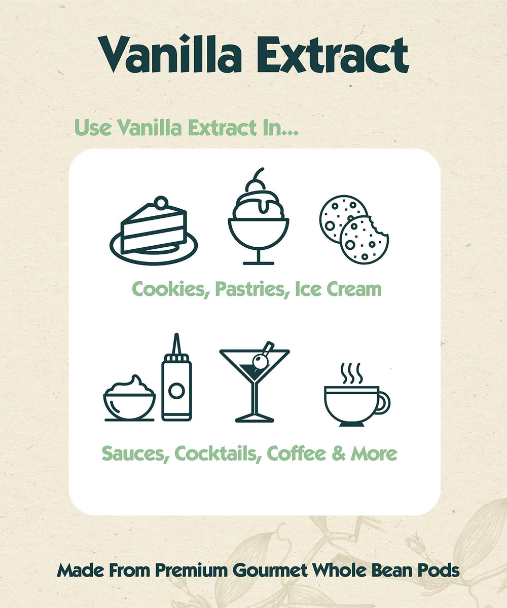 Vanilla extract drop shown over recipe card.