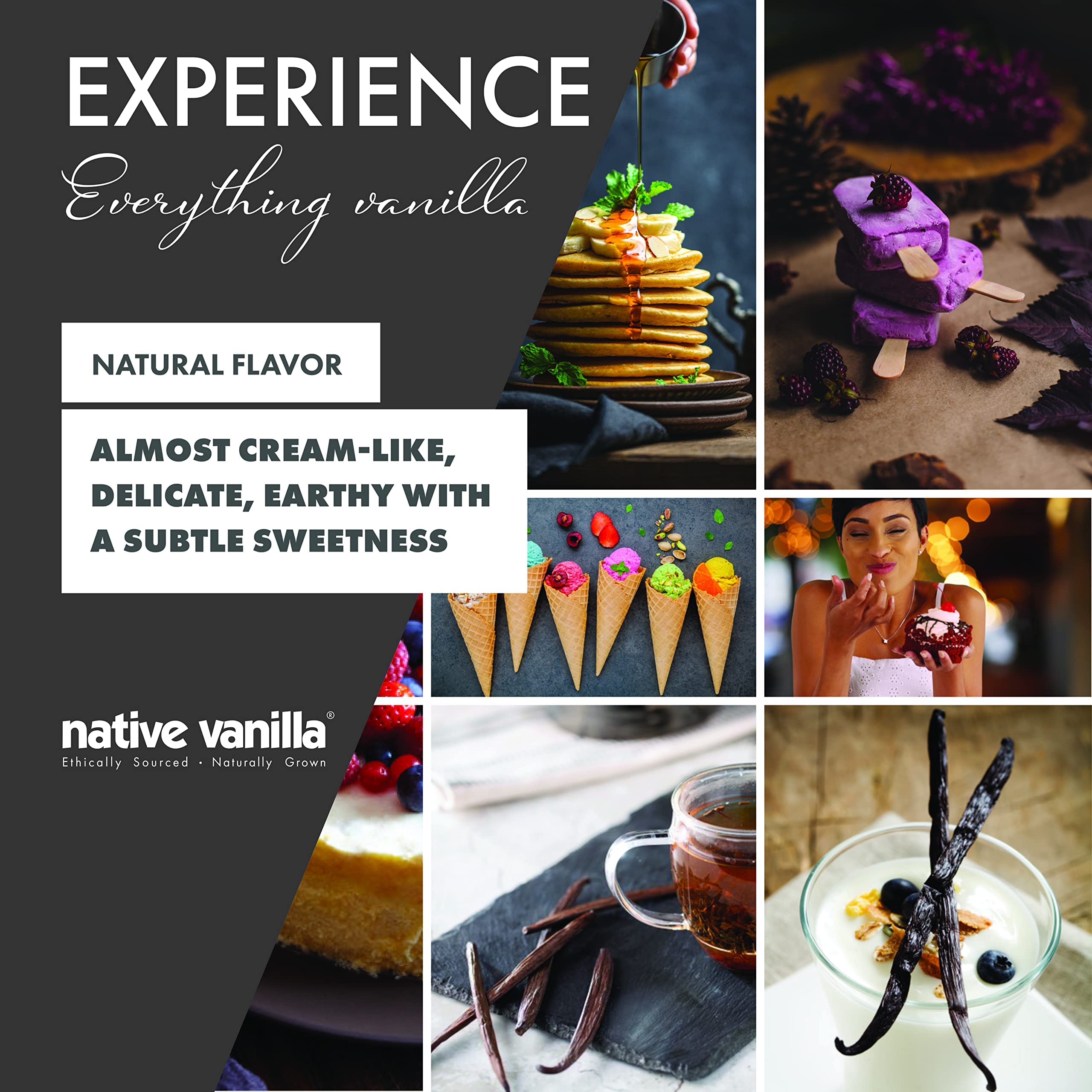 Native Vanilla vanilla flavor bottle pour shown for non-alcoholic dessert preparation