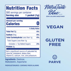 NatraTaste Blue packet dissolving in coffee for a smooth, sugar-like taste.