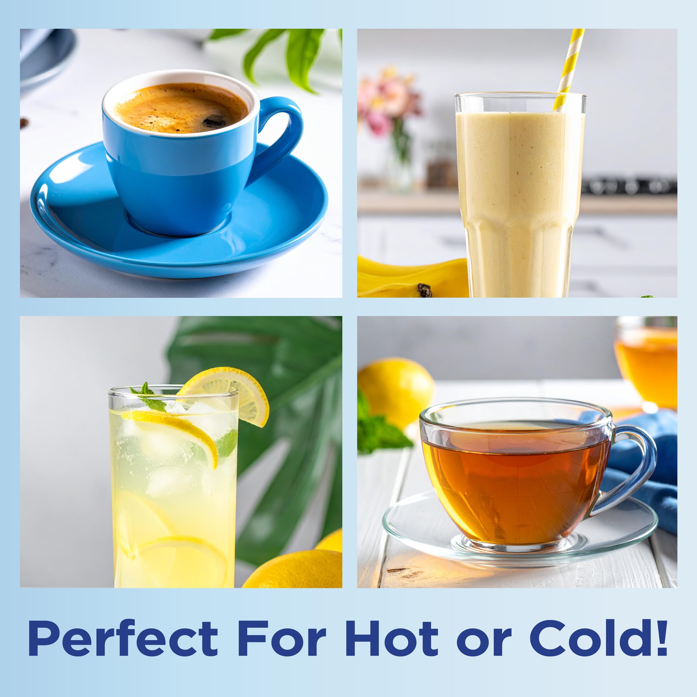 NatraTaste Blue packets work in hot or cold beverages.