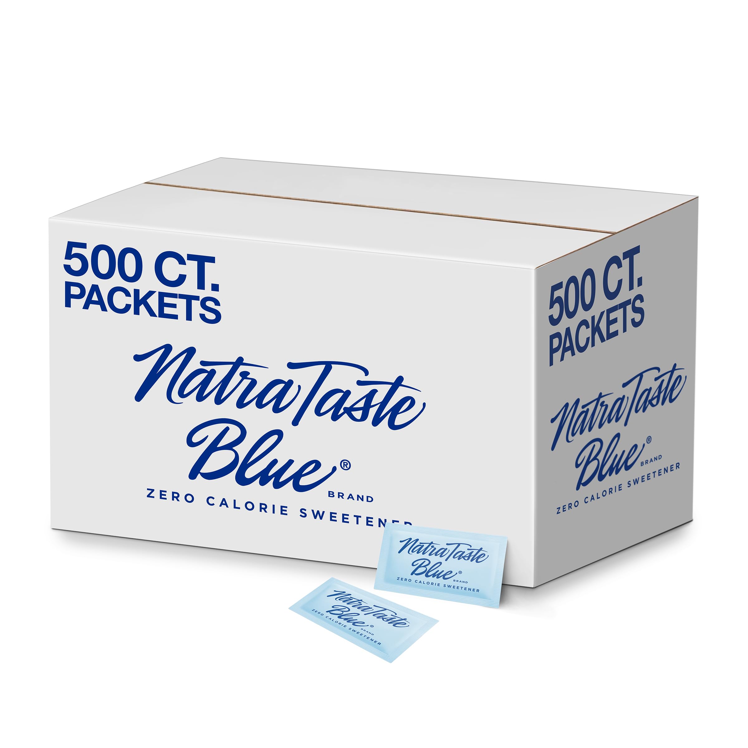 NatraTaste Blue zero-calorie packets in a sleeve for convenient on-the-go sweetness.