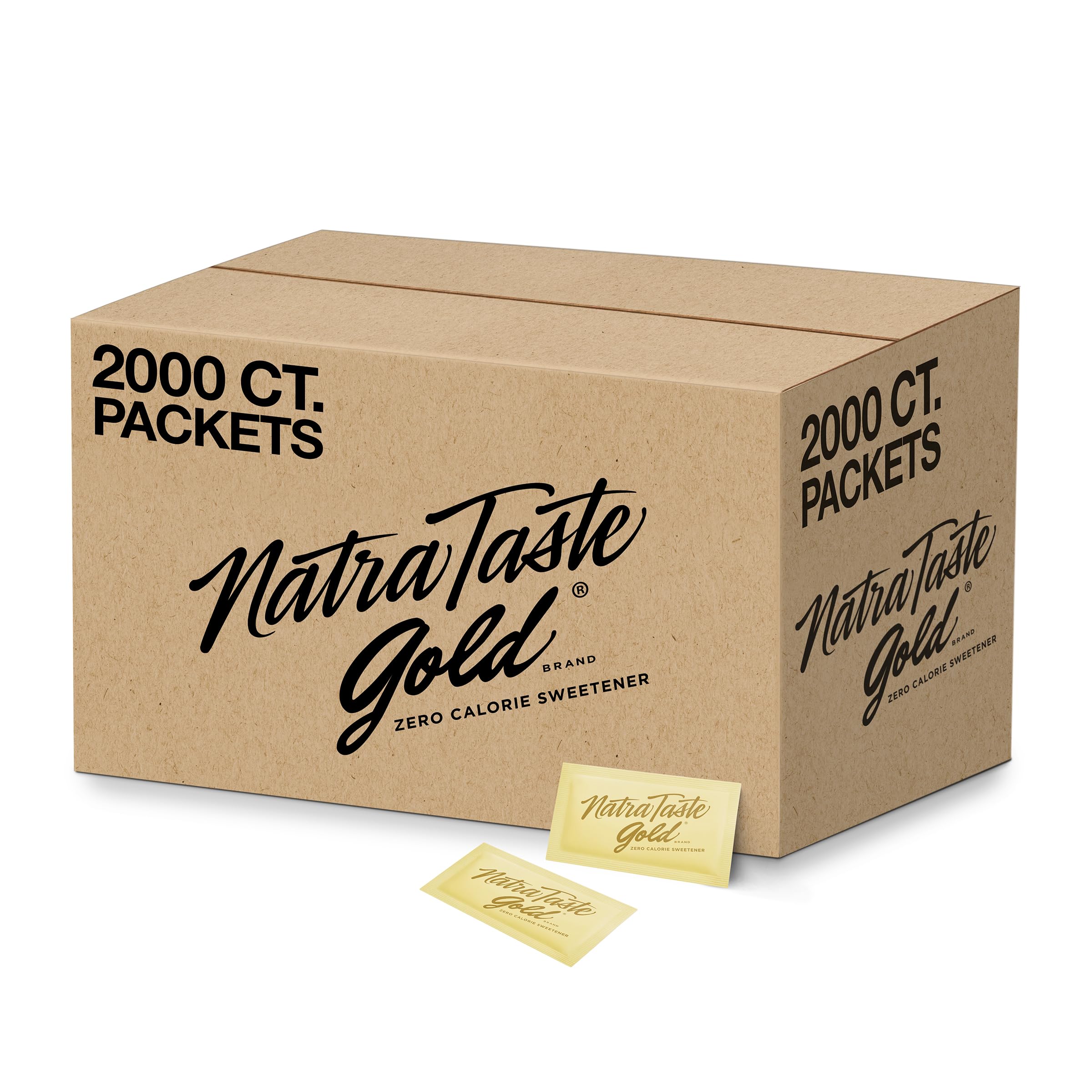 NatraTaste Gold zero calorie packets dissolving in hot coffee for sugar-free sweetness.
