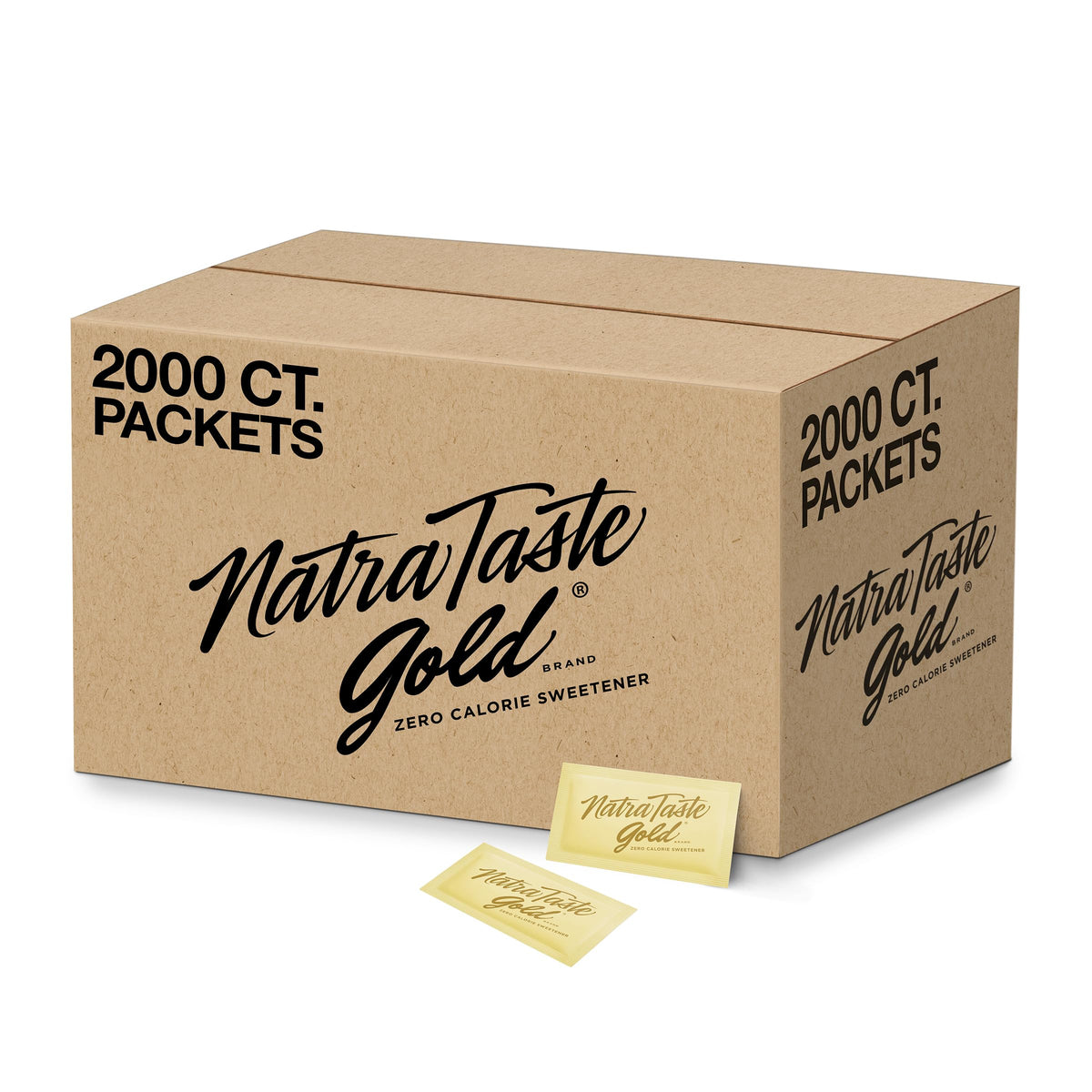 NatraTaste Gold zero calorie packets dissolving in hot coffee for sugar-free sweetness.