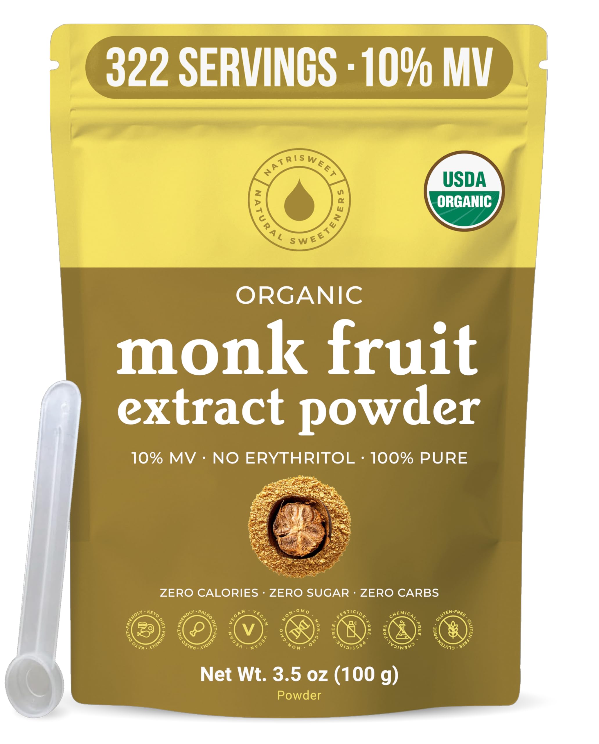 NatriSweet Organic Monk Fruit Powder tub for zero-calorie sweetness in beverages.