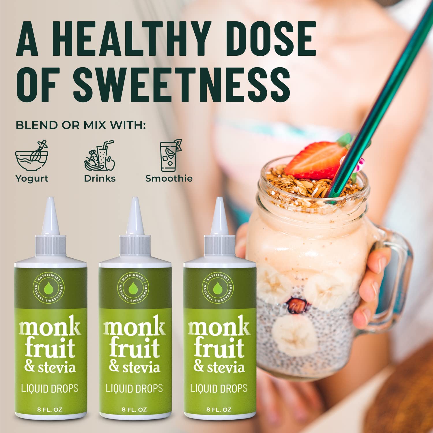 Close-up of NatriSweet bottle showing no fillers and clean ingredients.