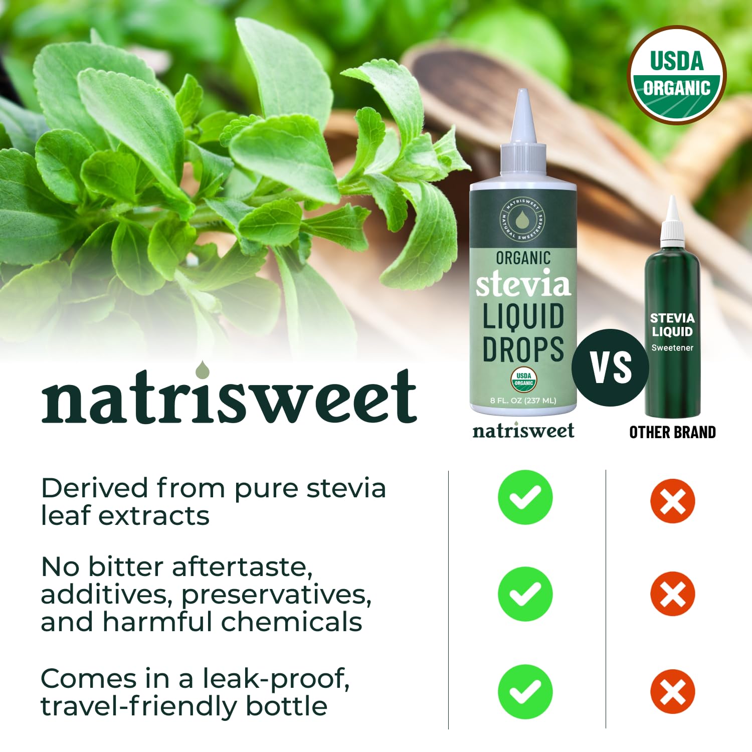NatriSweet Organic Stevia Liquid Drops label highlighting organic formula.