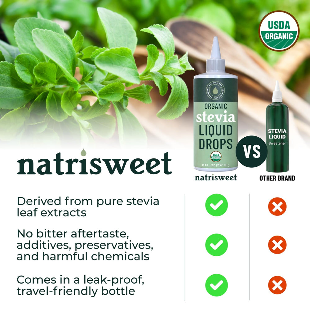 NatriSweet Organic Stevia Liquid Drops label highlighting organic formula.