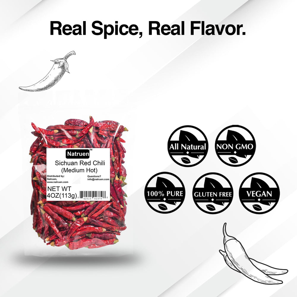 Natruen chili pods packaging front, premium Sichuan flavor at your fingertips.