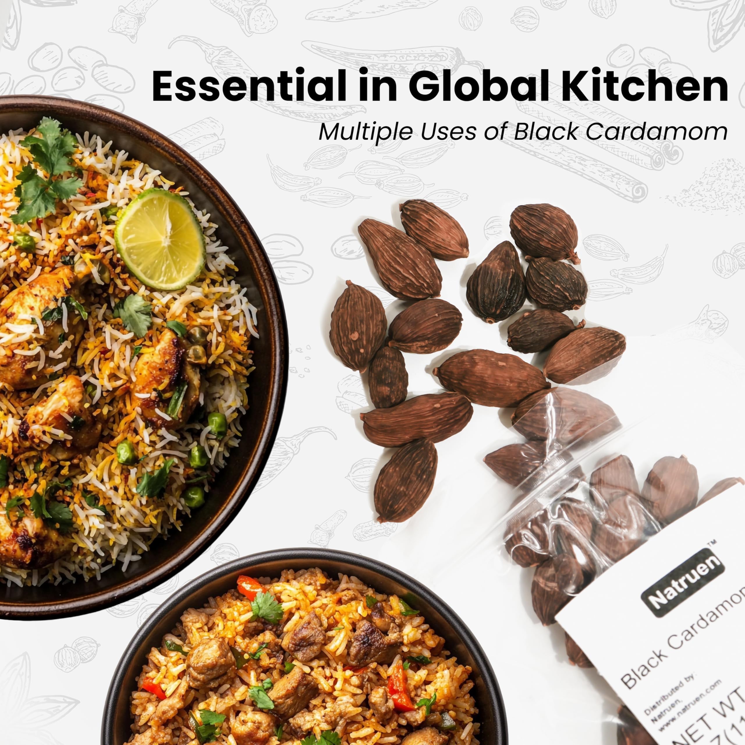 Natruen cardamom pods enhance seafood dishes with reduced fishy odors.