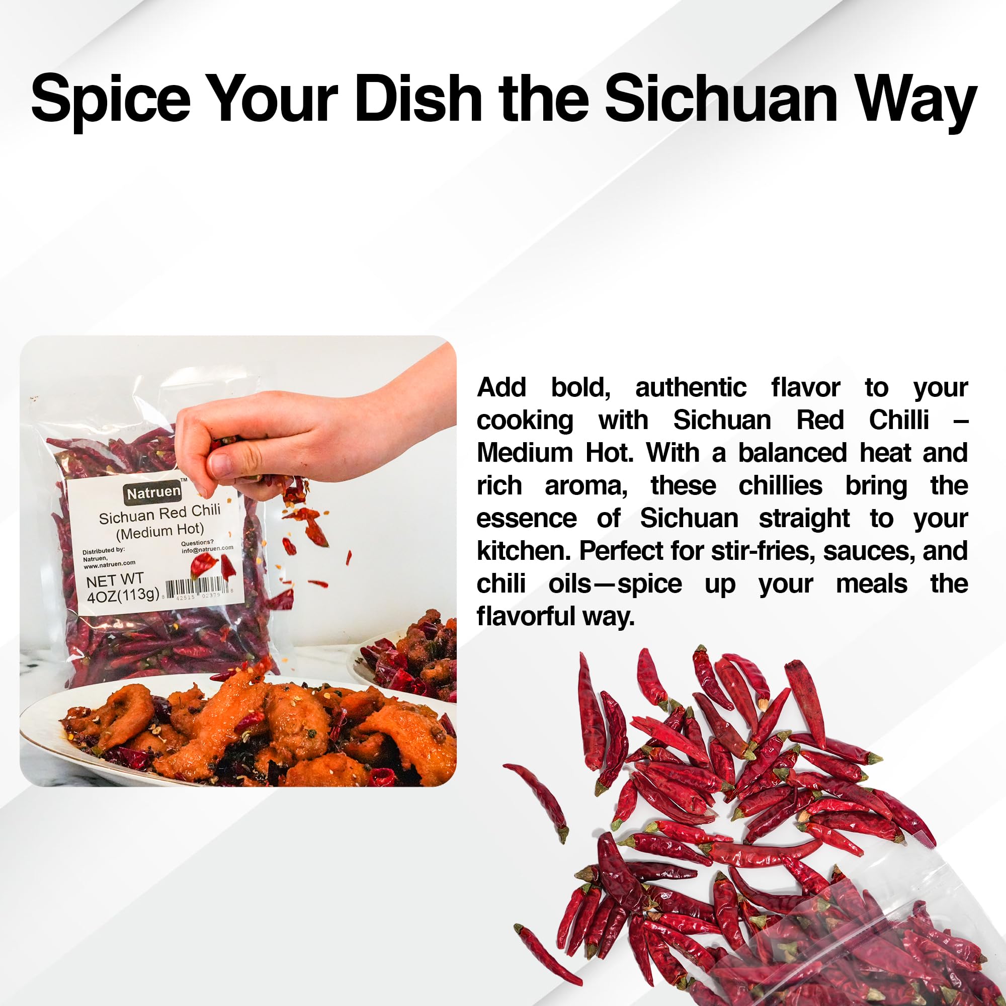 Natruen Szechuan chili pods in bowl, vibrant color enhances sauces and stir-fries.
