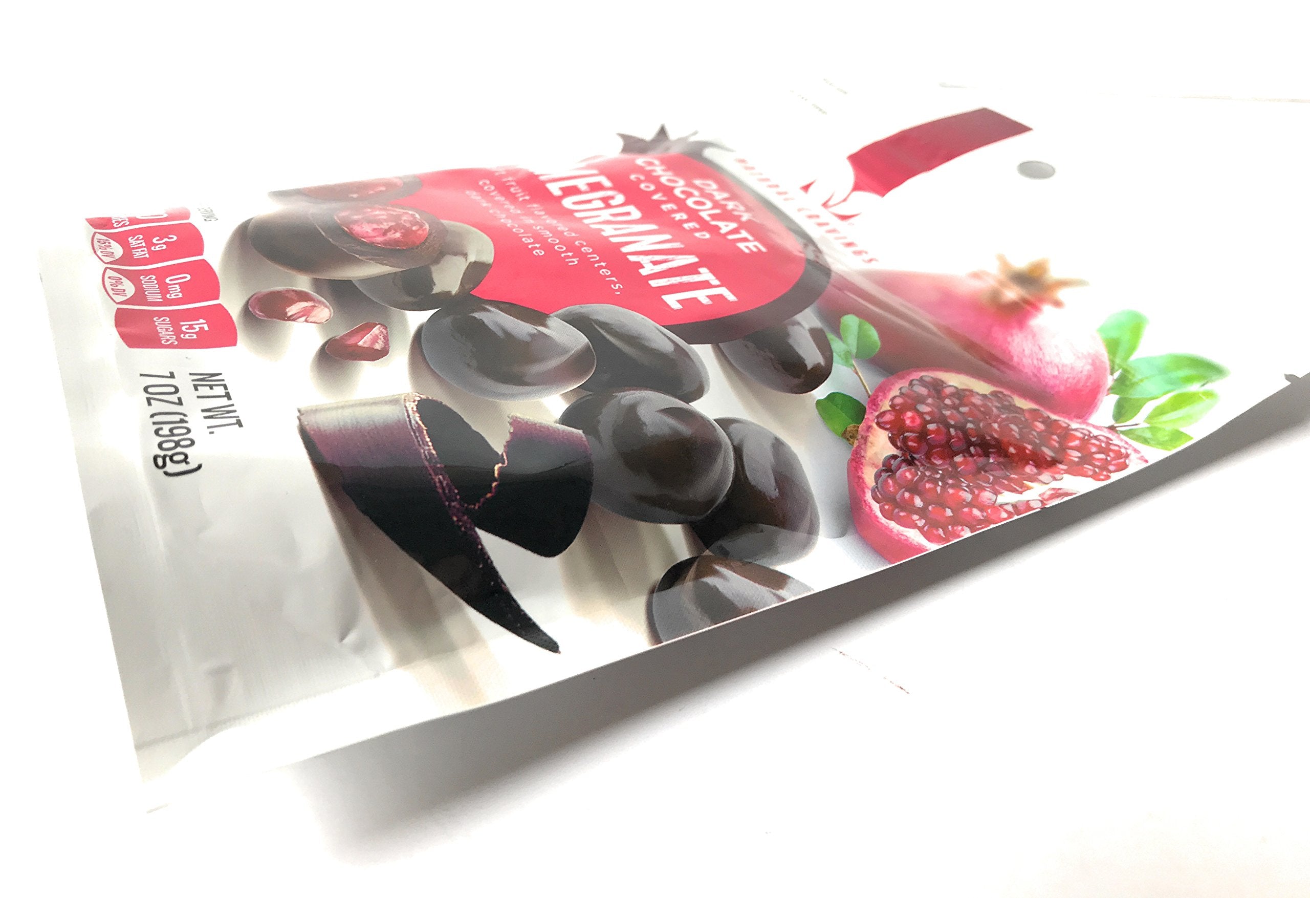 Natural Cravings Chocolate Covered Pomegranates closeup chocolate coating, rich texture.