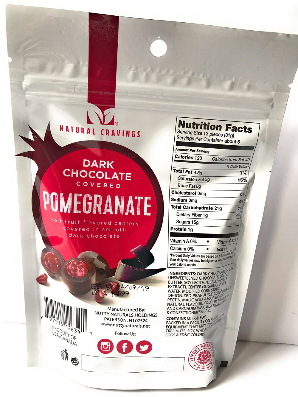 Natural Cravings Chocolate Covered Pomegranates pack back, quick on-the-go treat.